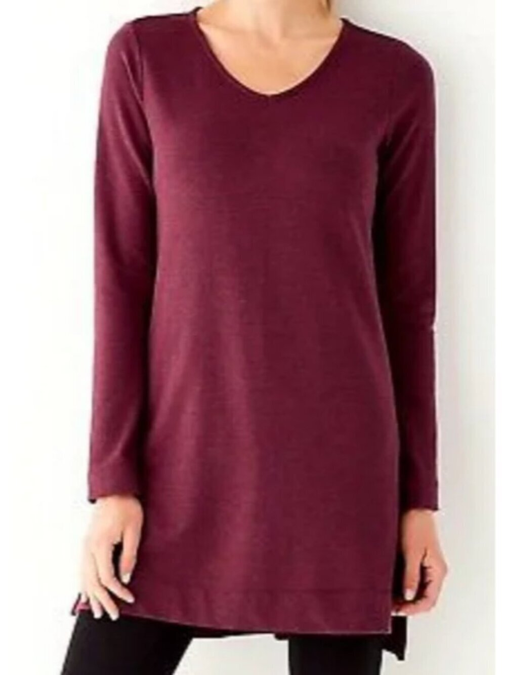 J. JILL LUXE TENCEL PURE JILL MAROON PURPLE V-NECK SWEATSHIRT TUNIC TOP